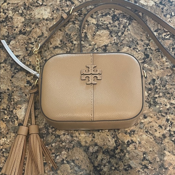 Tory Burch Handbags - Tory Burch Beige/Biscotti Tan Leather Tassel Crossbody Bag
